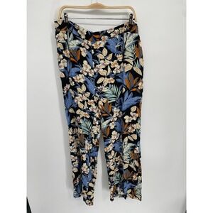 Cotton Bleu Pants Womens 3X Plus Black Multi Tropical Print Elastic Waist NWT